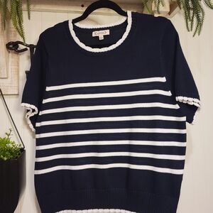 Nanette Lepore Navy and White Striped Crew Neck Sweater